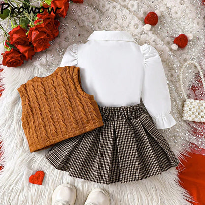 Fashion Baby Girl Winter Clothes White Blouse+Knit Waistcoat+Red Plaid Skirts Sets For Newborn Baby Girl Christmas Outfit Sets