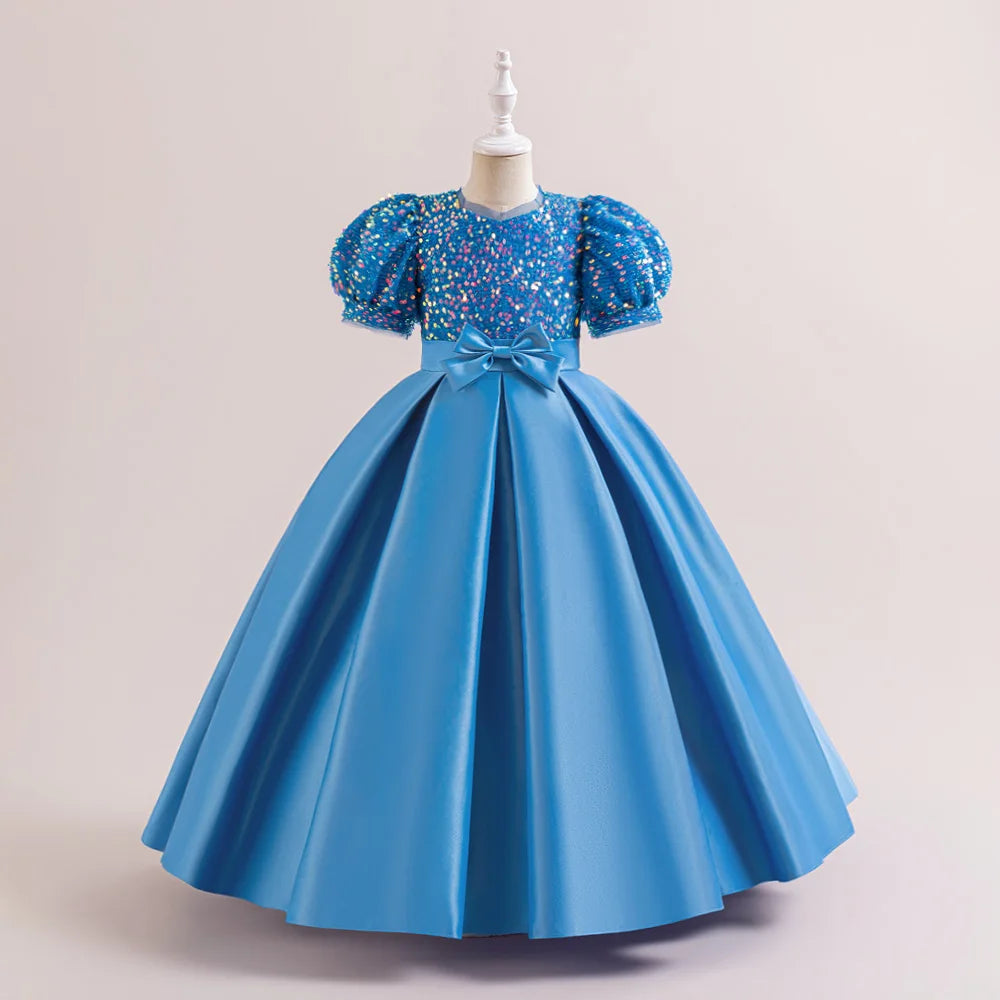Sequin Elegant Kids Party Dresses For Girls Children Green Christmas Wedding Birthday Gown Bow Girl Princess Evening Dress 4-14Y