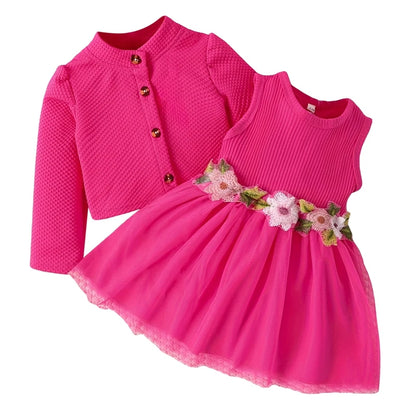 MISOWMNJOY Baby Girl Fall Outfit Spring Fall Long Sleeve Cardigan Coat Flower Embroidery Tulle Tank Dress Toddler 2 Piece Set
