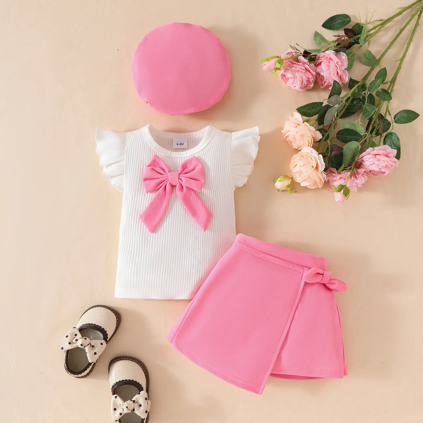 0-3Y Baby Girls Clothes Set 2025 Summer Toddler Outfit Sleeveless Mesh Top+Bow Skirt+Beret 3Pcs Set Cute Infant T-shirt Suit