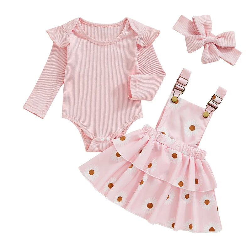 Baby Girls Fall Outfit Ribbed Long Sleeve Romper and Floral Suspender Skirt Cute Headband 3 Piece Clothes