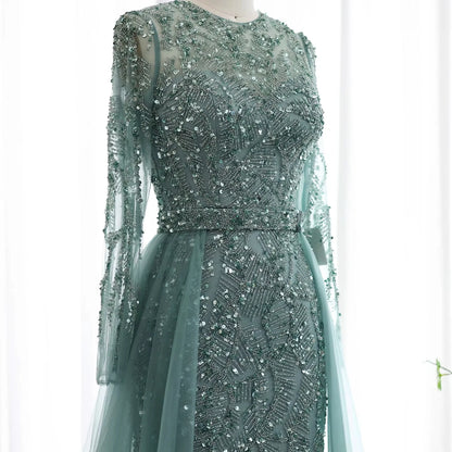 Jancember LSZ183 Dubai Muslim Belt Mermaid Evening Party Dresses With Overskirt