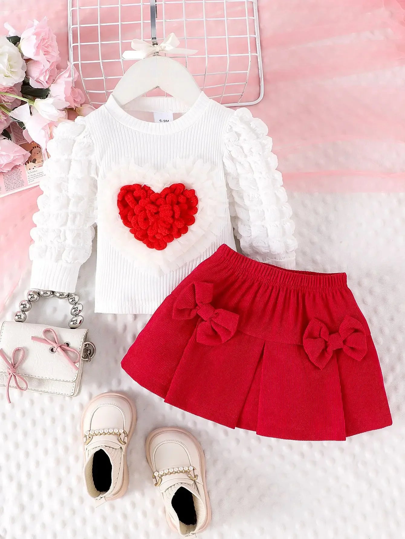 0-3Y Baby Girl Outfit Set 2pcs Puffy Sleeve Heart Shape Top and Corduroy Skirts Valentines Day Sweet Toddler Kids Clothes Girls