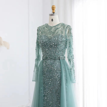 Jancember LSZ183 Dubai Muslim Belt Mermaid Evening Party Dresses With Overskirt