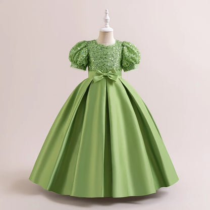 Sequin Elegant Kids Party Dresses For Girls Children Green Christmas Wedding Birthday Gown Bow Girl Princess Evening Dress 4-14Y