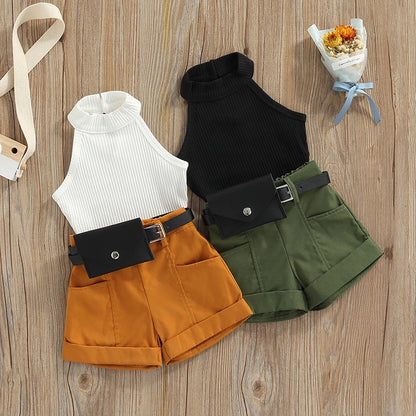 Little Girl Three-Piece Outfits Solid Color Sleeveless Ribbed Stand-Up Collar Tops + Belted Short Pants + Small Waist Pack 6M-4T