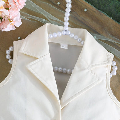 Prowow Girl's Blazer Dresses Sleeveless Lapel Fashion Lace Dress For Kids With Belt 2pcs Children Clothes 3 To 8 Years Old