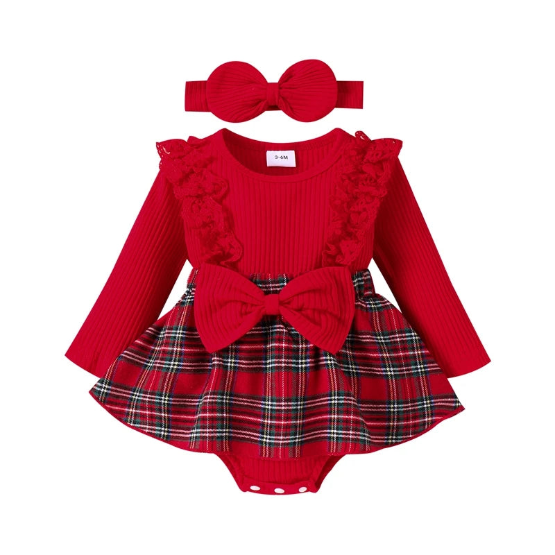 Pudcoco Baby Girl Outfits Long Sleeve Ruffle Lace Romper Plaid Skirt Dress with Headband Christmas Clothes Set 0-12M
