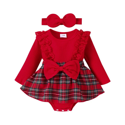 Pudcoco Baby Girl Outfits Long Sleeve Ruffle Lace Romper Plaid Skirt Dress with Headband Christmas Clothes Set 0-12M