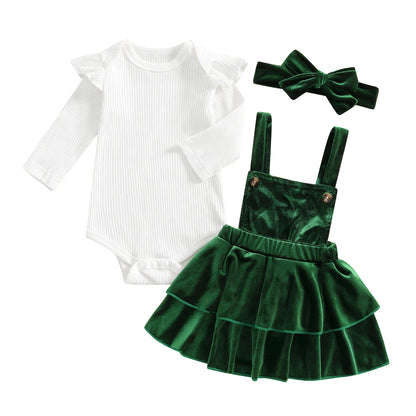 Baby Girl Christmas Outfits Solid Color Ribbed Knit Romper Velvet Ruffles Suspender Skirt Headband 3Pcs Clothes Set
