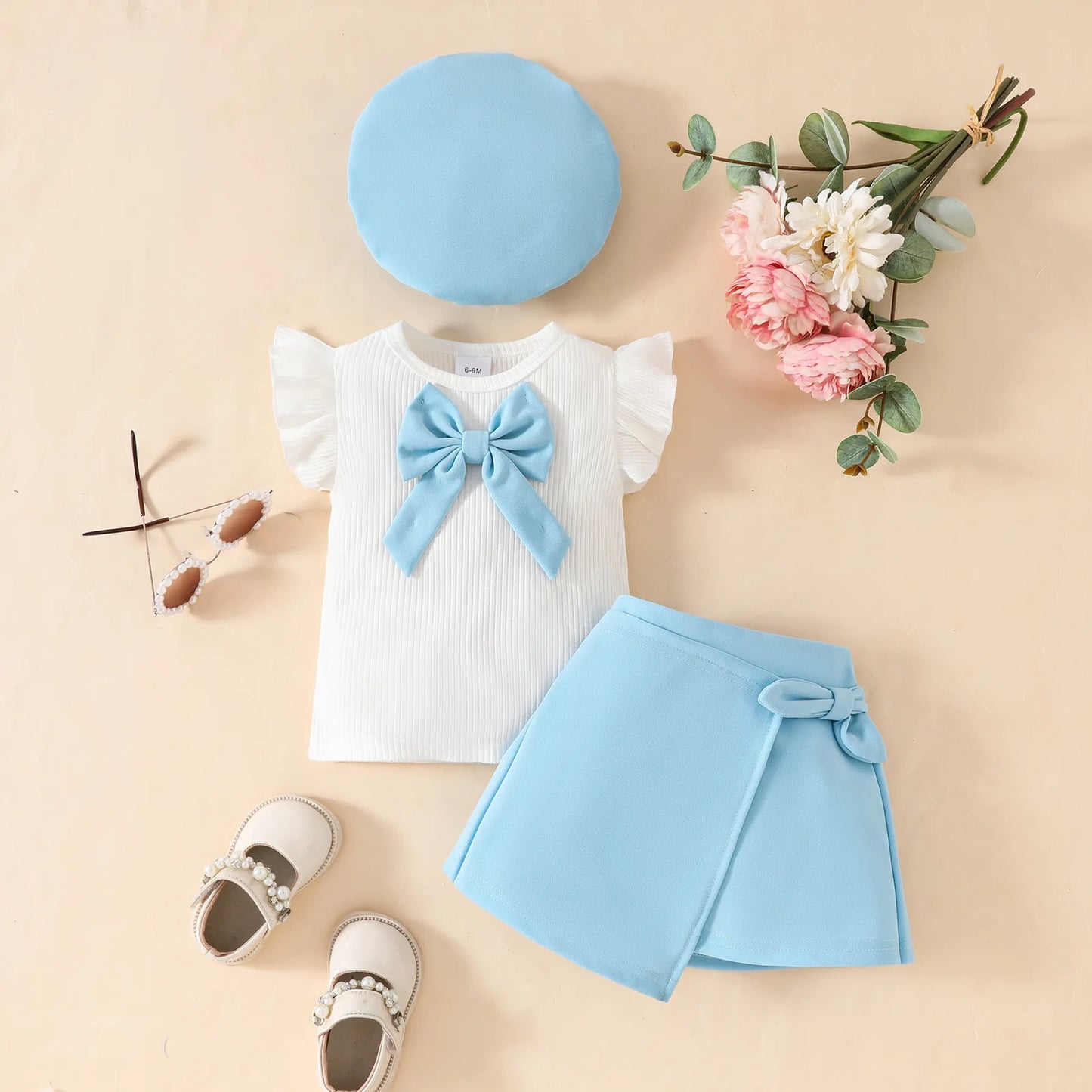 0-3Y Baby Girls Clothes Set 2025 Summer Toddler Outfit Sleeveless Mesh Top+Bow Skirt+Beret 3Pcs Set Cute Infant T-shirt Suit