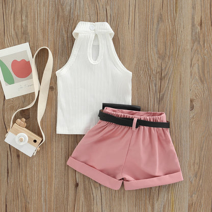 Little Girl Three-Piece Outfits Solid Color Sleeveless Ribbed Stand-Up Collar Tops + Belted Short Pants + Small Waist Pack 6M-4T