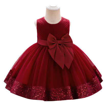 Girls Sleeveless Round Neck Sequins Hem Tulle Patchwork A-line Dress with Sparkling Embellishments and Bow Detail