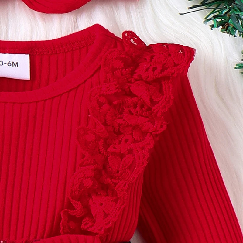 Pudcoco Baby Girl Outfits Long Sleeve Ruffle Lace Romper Plaid Skirt Dress with Headband Christmas Clothes Set 0-12M