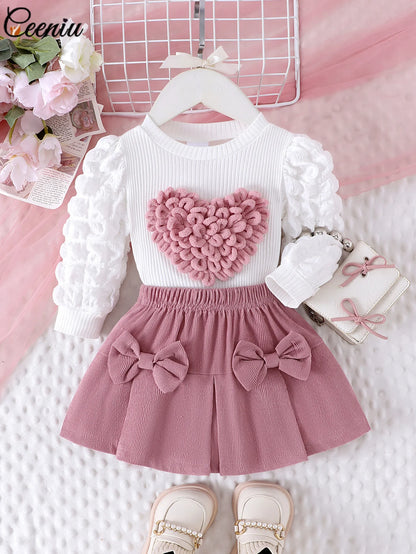 0-3Y Baby Girl Outfit Set 2pcs Puffy Sleeve Heart Shape Top and Corduroy Skirts Valentines Day Sweet Toddler Kids Clothes Girls