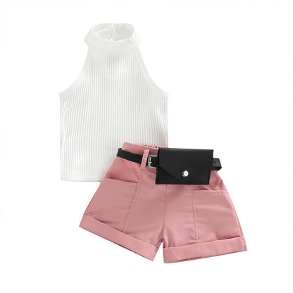 Little Girl Three-Piece Outfits Solid Color Sleeveless Ribbed Stand-Up Collar Tops + Belted Short Pants + Small Waist Pack 6M-4T