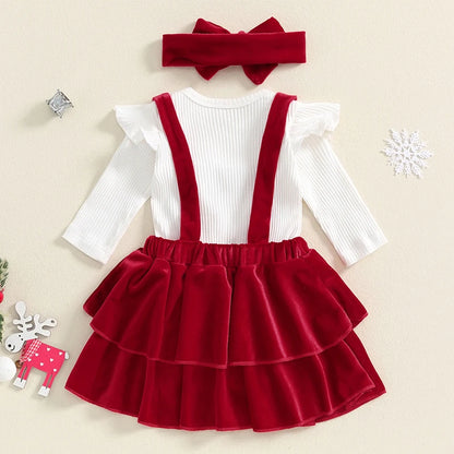 Baby Girl Christmas Outfits Solid Color Ribbed Knit Romper Velvet Ruffles Suspender Skirt Headband 3Pcs Clothes Set