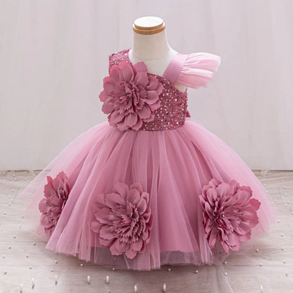 New Red Single Shoulder Sparkling Flying Sleeve Baby's Birthday Party Dress 0-6 Year Old Girl Pageant Dresses for Toddler Girls
