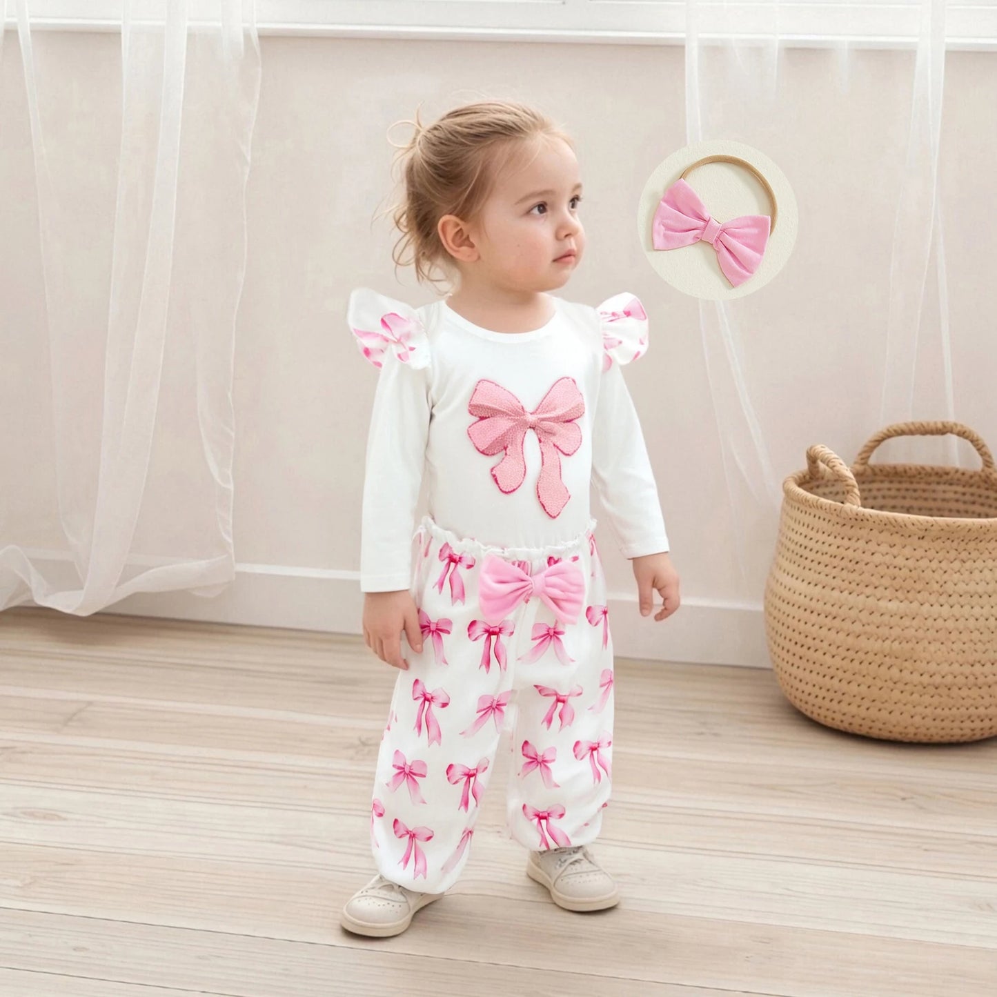 Baby Girl Fall Outfits Bow Print Long Sleeve Crew Neck Romper with Elastic Waist Pants and Headband 3 Pcs Set