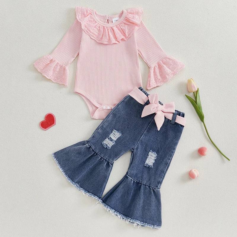 ma&baby 0-18M Newborn Infant Toddler Baby Girls Clothes Sets Long Sleeves Romper Denim Flare Pants Fall Spring Clothing