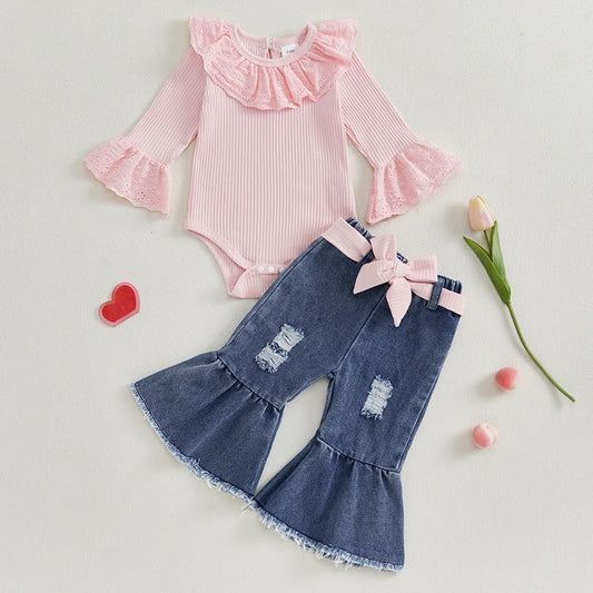 ma&baby 0-18M Newborn Infant Toddler Baby Girls Clothes Sets Long Sleeves Romper Denim Flare Pants Fall Spring Clothing