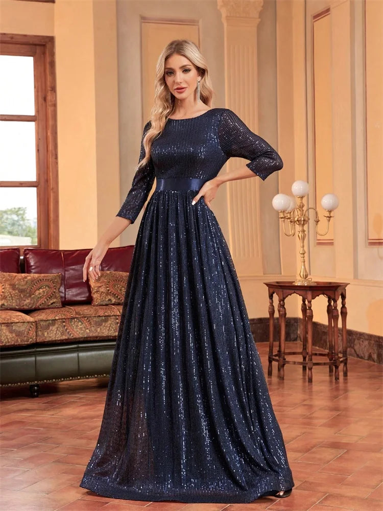 Luxury O-Neck Long Sleeves Sequins Formal Evening Dress Women 2025 Wedding Party Prom Maxi Cocktail Dresses Graduation Vestidos