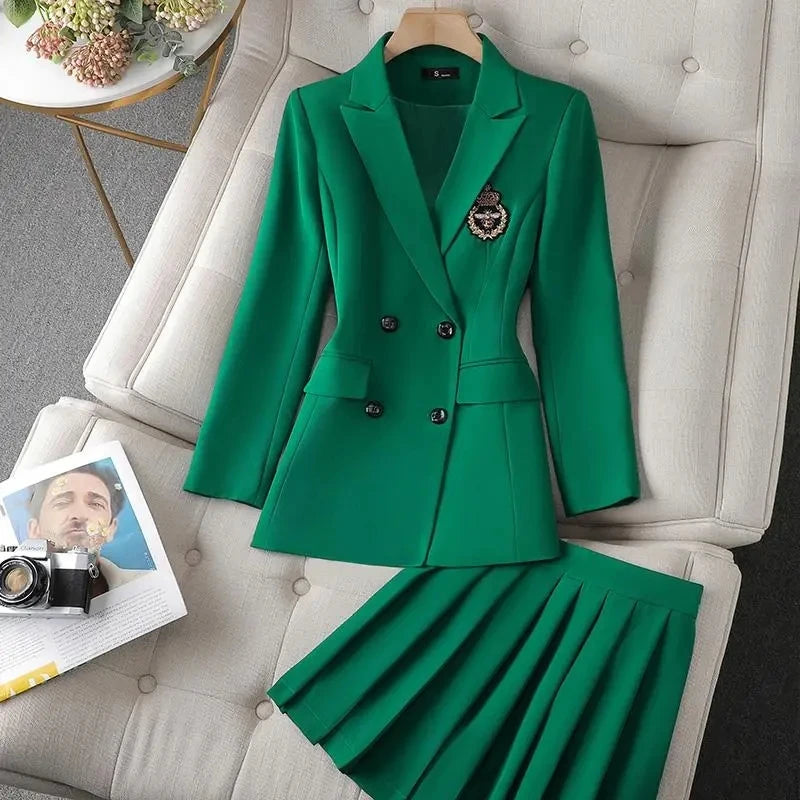 Green Suit Set 2025 New Spring Autumn Long sleeved Suit Jacket Top+Skirt Fashion Slim Temperament Two-piece Clothing Sets