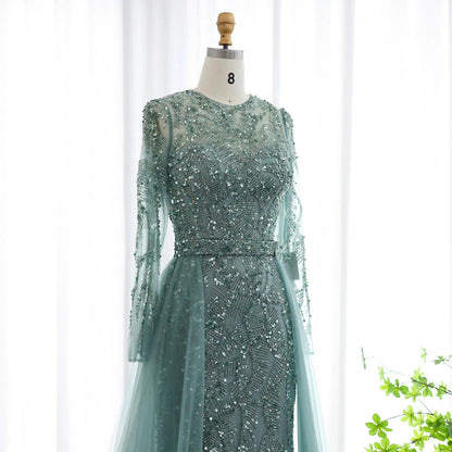 Jancember LSZ183 Dubai Muslim Belt Mermaid Evening Party Dresses With Overskirt