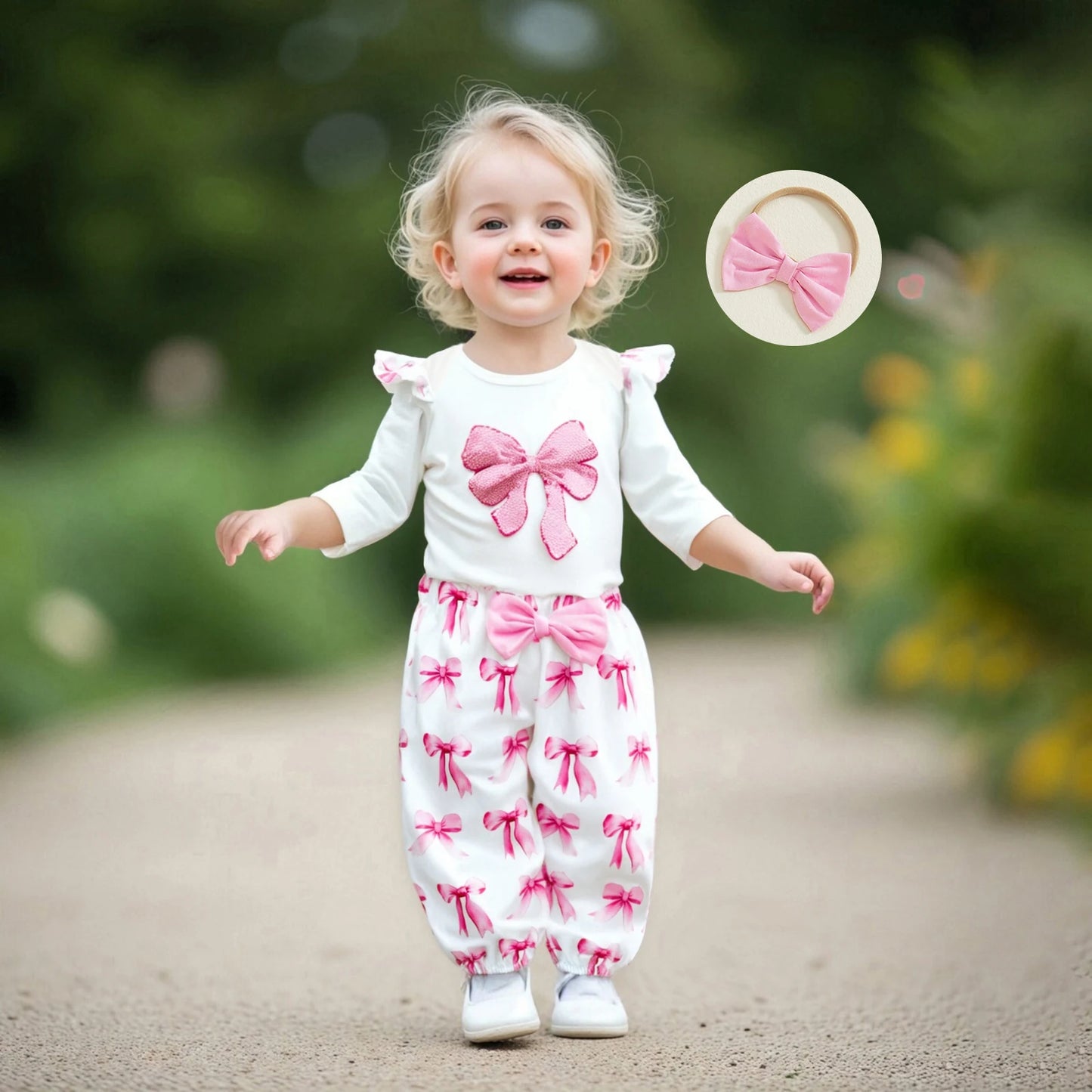 Baby Girl Fall Outfits Bow Print Long Sleeve Crew Neck Romper with Elastic Waist Pants and Headband 3 Pcs Set