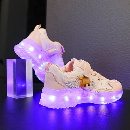 Girls & Glowing LED Sneakers with USB Charging, Low-Top Light-Up Shoes with Heart & Star Patterns, Pastel Pink/Clear Light Effects, Breathable PU Mesh & Cushioned TPR Sole for Nighttime Play,, - Magical Glow-in-the-Dark Shoes