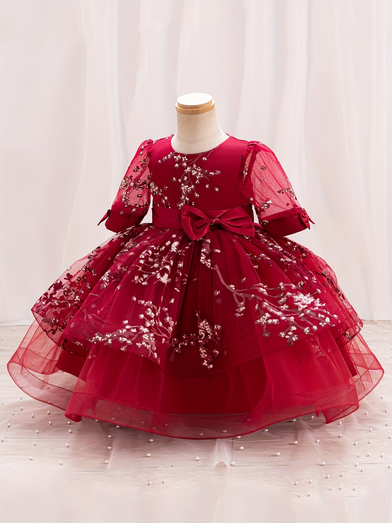 Girls' Summer New Puff Sleeve High-End Dress with Bow, Elegant Princess Dress, Christmas Dress, Christmas Gift