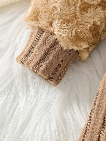 Girl's Round Neck Long Sleeve Dress with Rose Bud Pattern Fuzzy Sleeves and Bag, Suitable for Spring and Autumn Outdoor Casual Wear