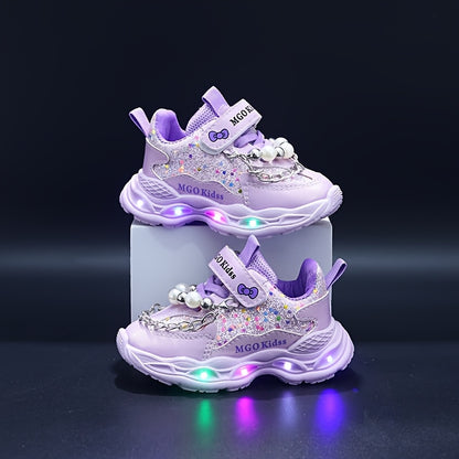 MGO Kidss Girls' LED Light-Up Sneakers with Beads & Bows - Glowing Shoes for Night Walks, Parties, - Low-Top Sparkling Dance Shoes (Pink/Purple) Ages 1-6 Years, Easy Closure, PU/PVC/ (-Free)