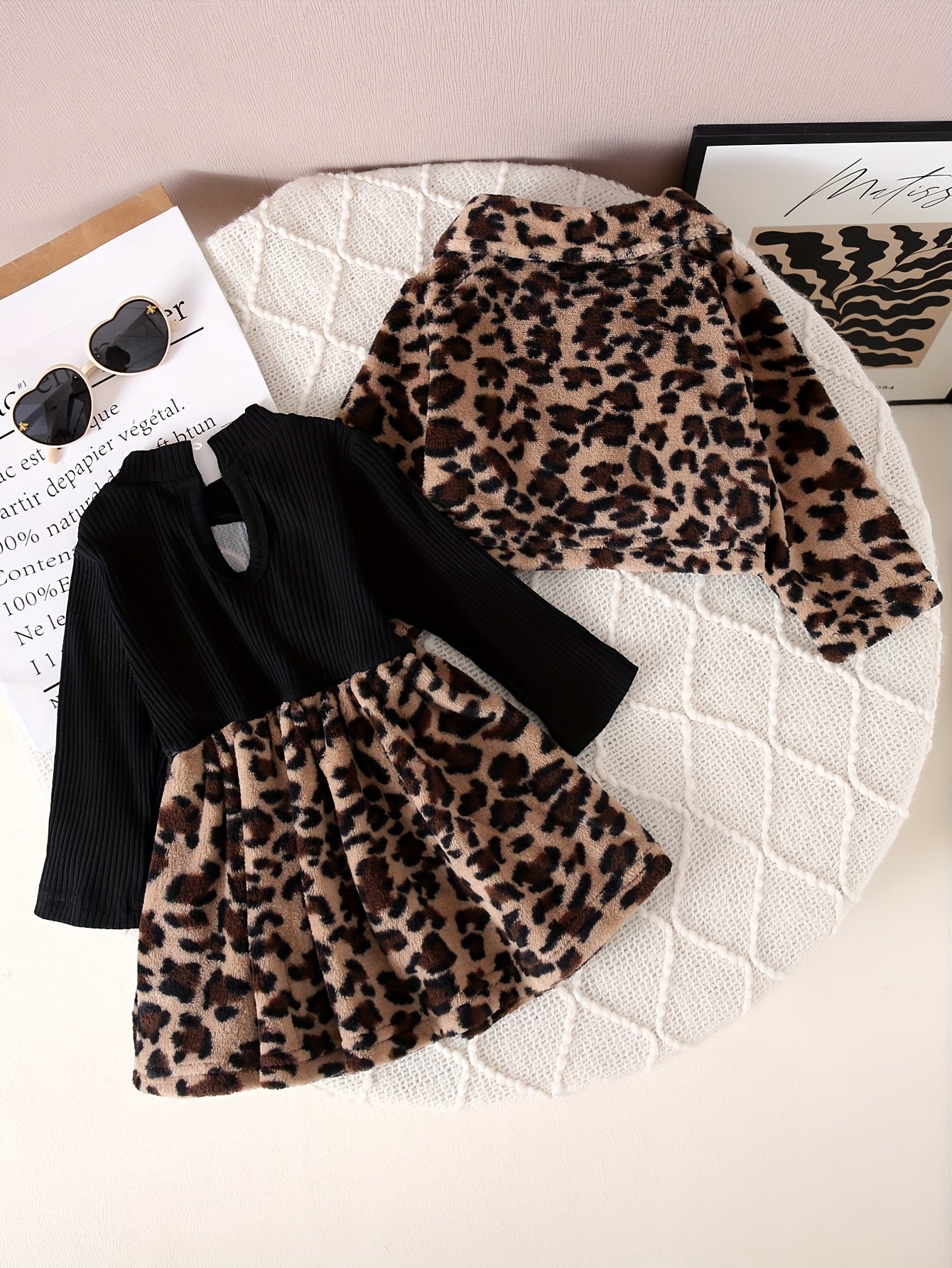 Autumn and Winter New Fashion Leopard Print Set with Black Long Sleeve Top Featuring Golden Letters, Matching Leopard Skirt and Jacket, Wild Yet Cute, Soft Light Beige-Friendly Material for Instant Trendy Little Darling, Perf