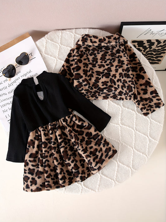 Autumn and Winter New Fashion Leopard Print Set with Black Long Sleeve Top Featuring Golden Letters, Matching Leopard Skirt and Jacket, Wild Yet Cute, Soft Light Beige-Friendly Material for Instant Trendy Little Darling, Perf