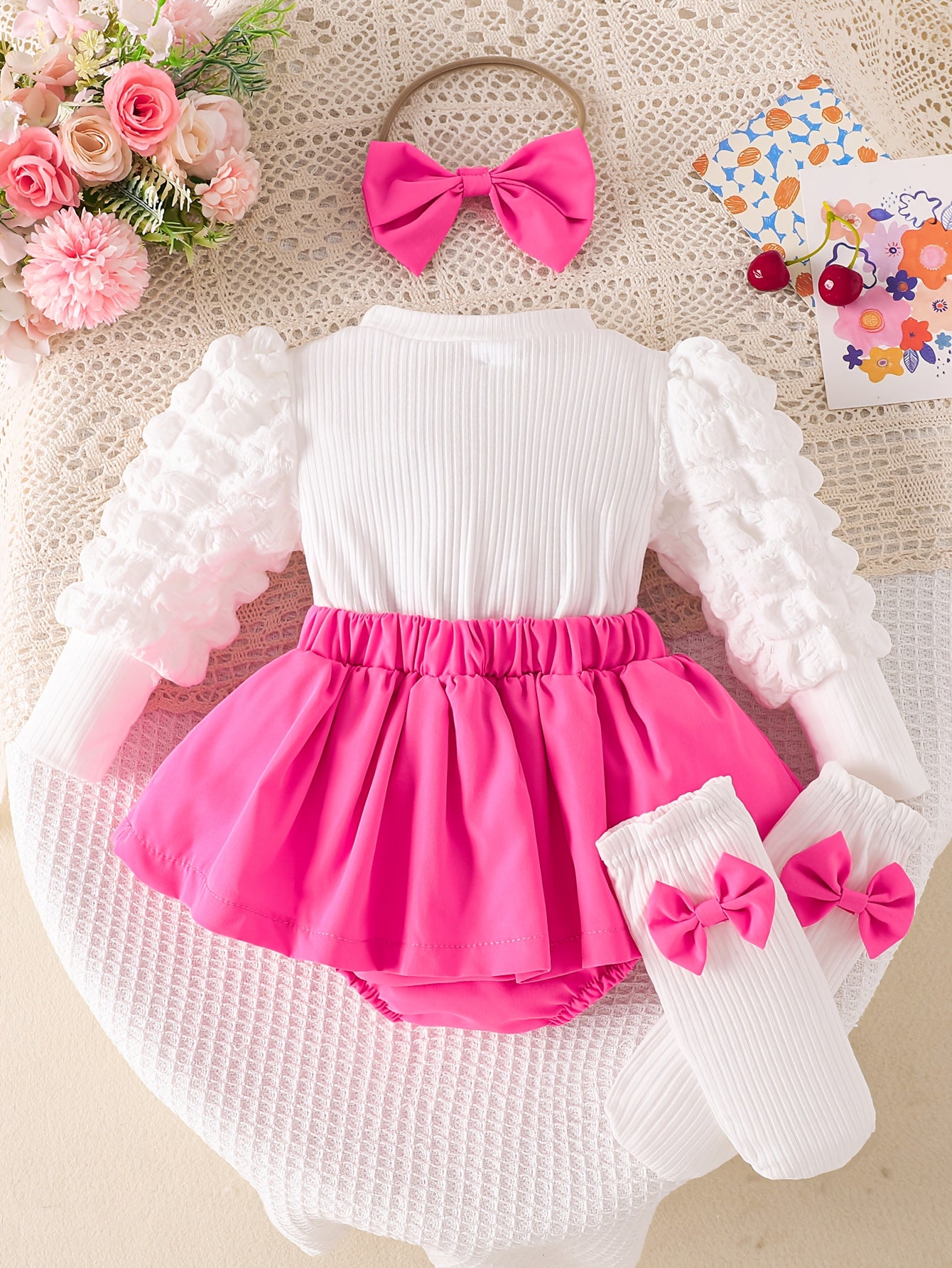 Baby Girl'S Heart & Bow Print Bodysuit with Ruffled Sleeves & Bow Detail - Long Sleeve Winter Outfit, Soft Pink & Color Block, Perfect for Fall/Winter, for Outdoor