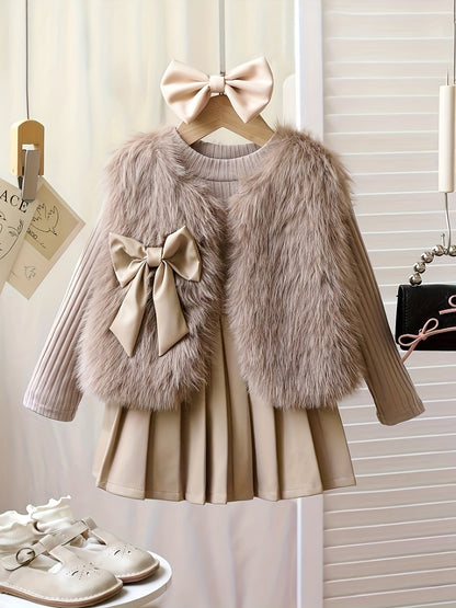 3pcs ' Elegant Winter Fur-like Coat & Skirt Set with Bow Detailing - Soft Pastel Beige or Brown Long Sleeve Dress Outfit, Machine Washable & Dry Cleanable, Cozy Faux-Fur Trim, Ruffled Collar & Layered Skirt for Fall/Winter, B