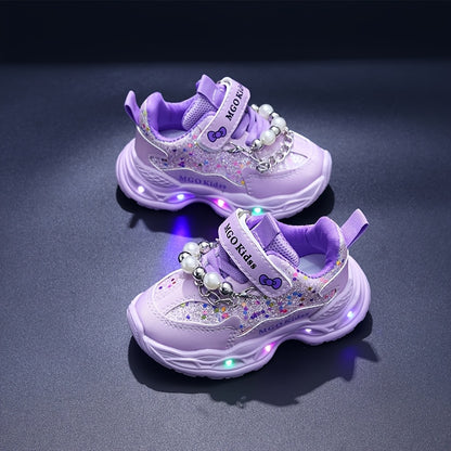 MGO Kidss Girls' LED Light-Up Sneakers with Beads & Bows - Glowing Shoes for Night Walks, Parties, - Low-Top Sparkling Dance Shoes (Pink/Purple) Ages 1-6 Years, Easy Closure, PU/PVC/ (-Free)