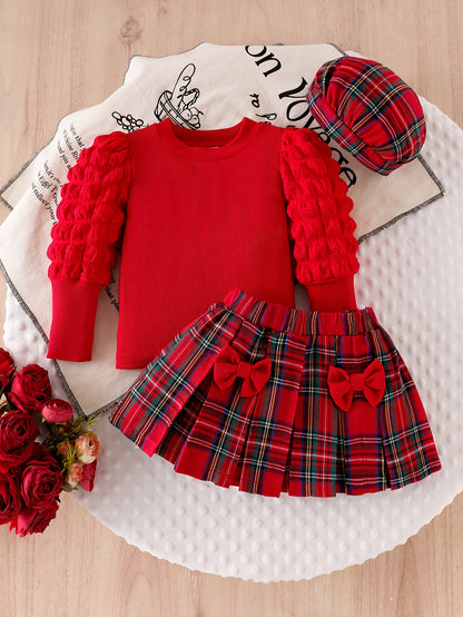 Girls' Red Bubble Long Sleeve Top and Double Bow Red Plaid Skirt with Hat Casual Performance Outfit Three-Piece Set, Perfect for Outdoor, Perfect for, Christmas Clothes Kids