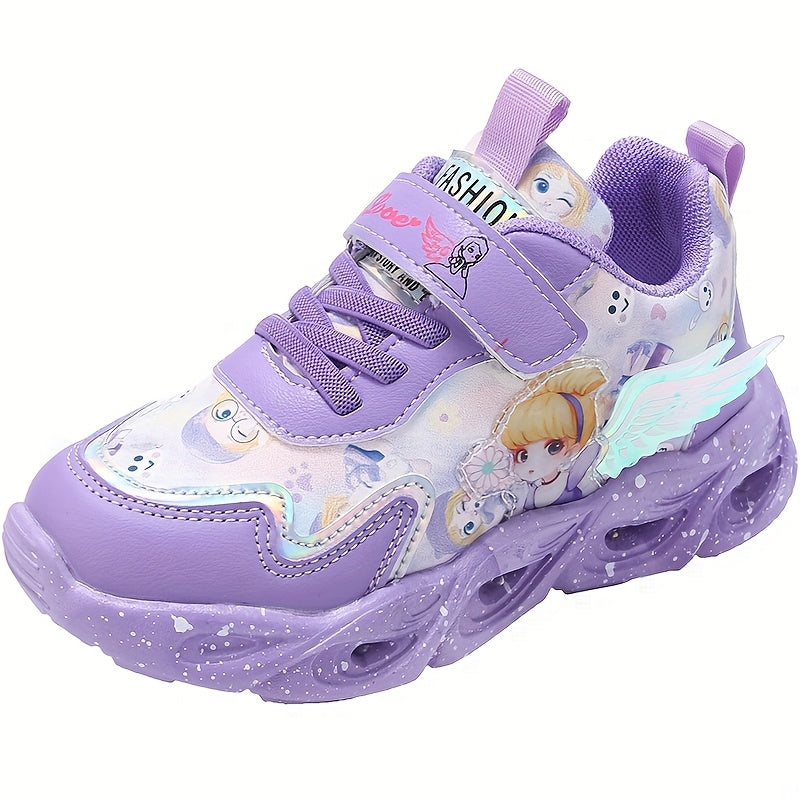 Girls' Halloween Dream Angel Wings Glowing Sneakers, Cartoon Princess Style Mesh Casual Shoes, Lightweight Soft Material Comfortable Fit Campus Running Shoes, New Summer Autumn All-Season Wear