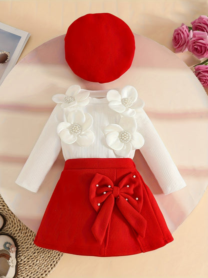 3pcs Girls' Elegant Tweed Outfit Set with Ruffled Sleeve Blouse, A-Line Skirt & Bow & Pearl-Adorned Hat - Soft Pink Winter Clothes for to 12m, Hand Washable Layered Dress for Everyday & Special Occasions, Semi- Round Neck Lon