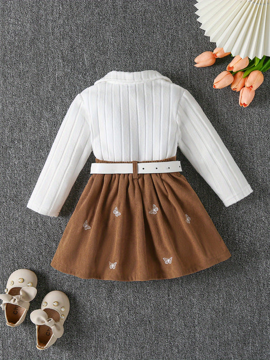 Girls' White Ribbed Knit Long Sleeve Top with Brown Pleated Skirt & Belt - Cute V-Neck Blouse, Soft Stretchy Fabric, Perfect for Fall/Winter Outings, Baby Girl Outfit, Perfect for Outdoor, Perfect for, for Outdoor, and specia