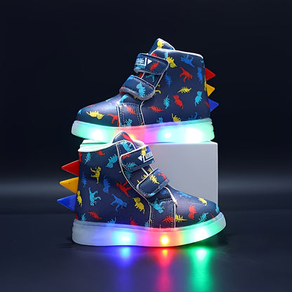 2025 New Kids' Colorful Dinosaur Glow-in-the-Dark Casual Sneakers, Cool Style, Dino Shoes for Kids, 's Sneakers, Everyday Kids Shoes, Playful Footwear, Fun Cartoon Design, Comfortable Fit, Durable Kids Shoes, Round Toe Shoes,