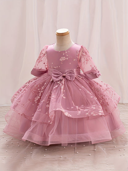 Girls' Summer New Puff Sleeve High-End Dress with Bow, Elegant Princess Dress, Christmas Dress, Christmas Gift