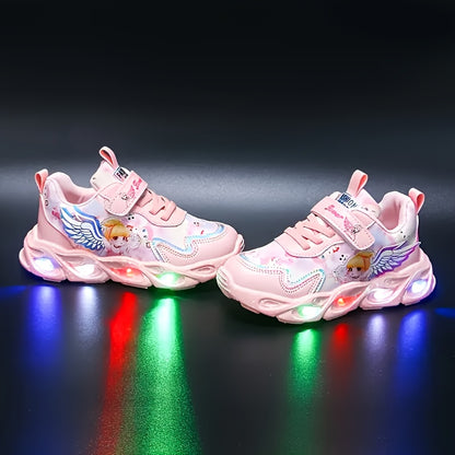 Girls' Halloween Dream Angel Wings Glowing Sneakers, Cartoon Princess Style Mesh Casual Shoes, Lightweight Soft Material Comfortable Fit Campus Running Shoes, New Summer Autumn All-Season Wear