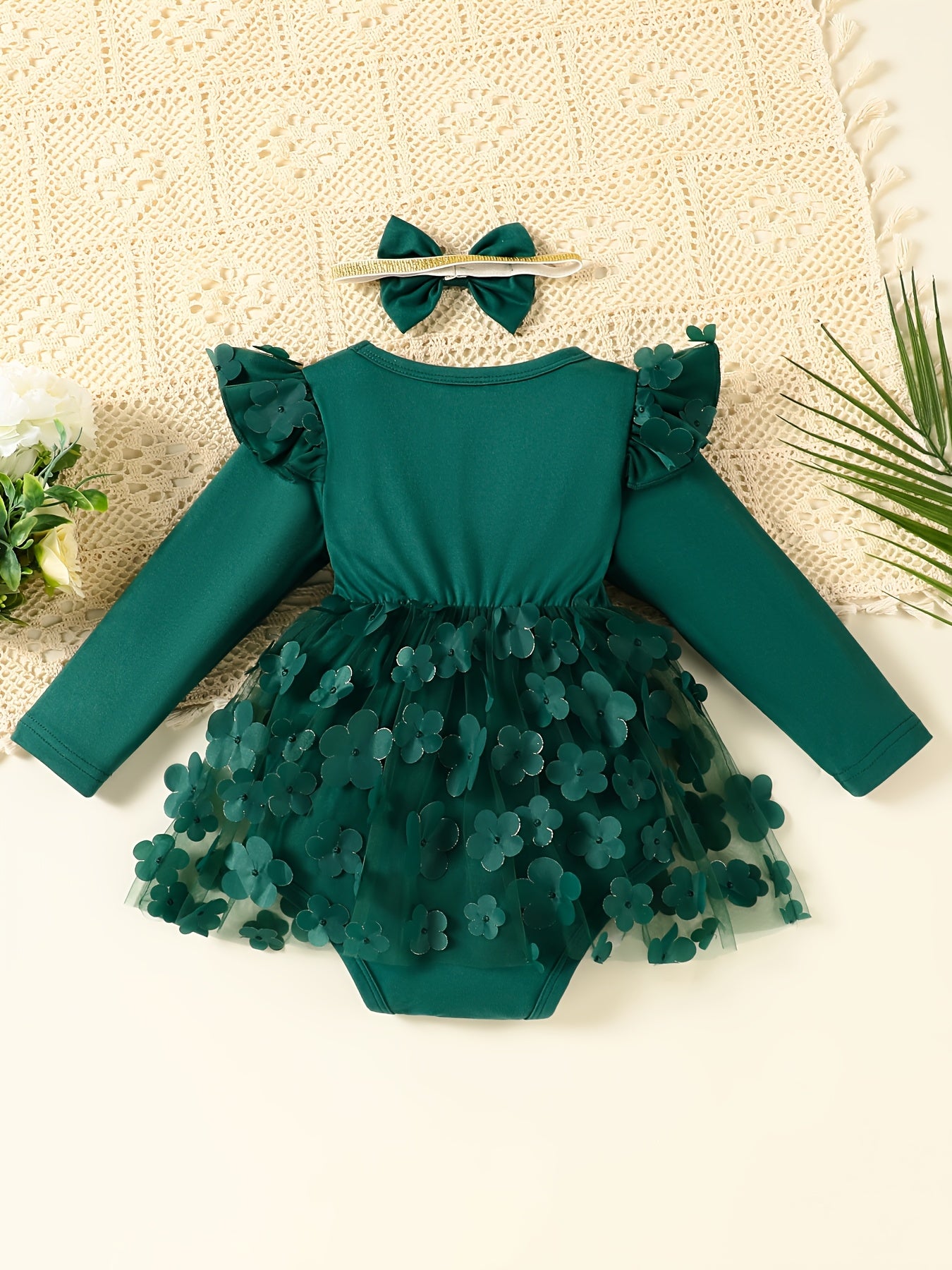 2-Pack Girls' Christmas/Halloween Casual Fashion Dress, Round Neck Bow Tie Patchwork 3D Flower Mesh Long Sleeve + Two-Piece Set with Butterfly Headband - Stretchy Machine Washable Fabric for Newborn Party Gatherings and Outdo