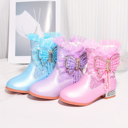 Shoes with Fleece for Winter, Stylish Short Boots for Girls, New Warm High-Heeled Princess Shoes with Bows for Snowy Days.