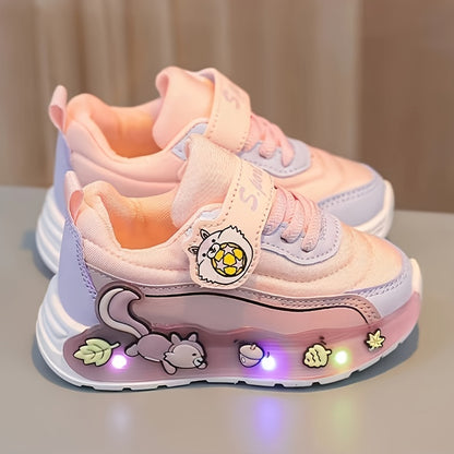 Girls' LED -Up Sneakers with Glowing Soles & Cute Squirrel/Mushroom/Tomato Print - Multicolor Low-Top Closure Sparkling Shoes for Parties,, Casual Attire - All-Season Kids' Flash Shoes (Pink/Green/White)