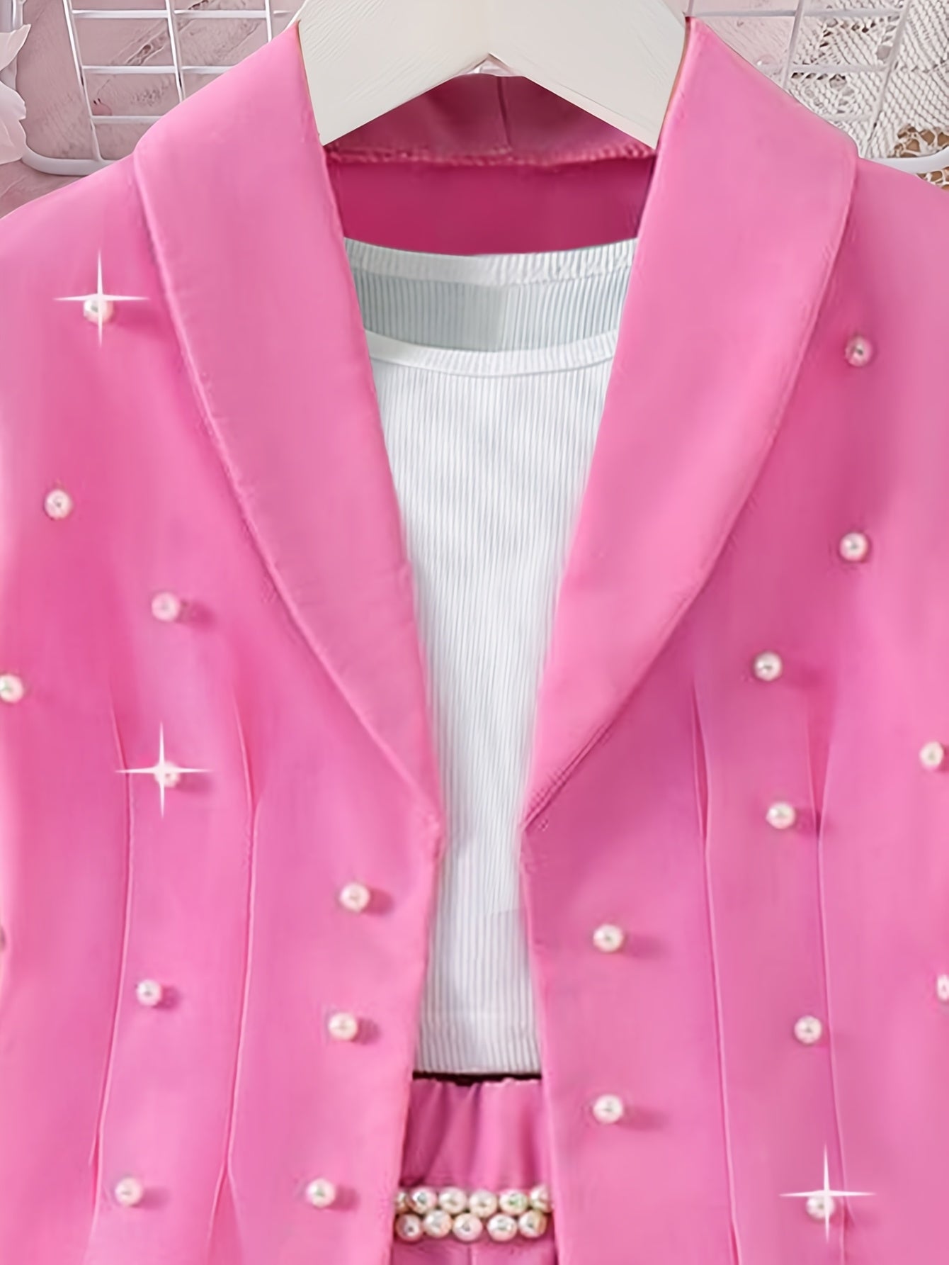 3pcs Set, Spring and Autumn Girls' Fashion Outfit with Beaded Jacket + Camisole Top + Slim Fit Straight Pants, Suitable for 8-12 Years Old Kids Girls Outdoor Wear, for Outdoor