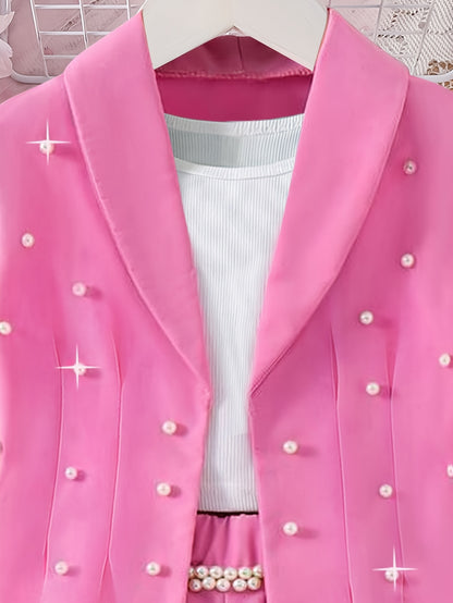 3pcs Set, Spring and Autumn Girls' Fashion Outfit with Beaded Jacket + Camisole Top + Slim Fit Straight Pants, Suitable for 8-12 Years Old Kids Girls Outdoor Wear, for Outdoor